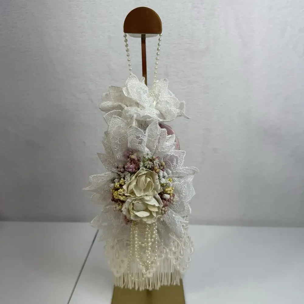 Vtg Victorian Pillow Lace Taffeta Roses Fringe Faux Pearls Romantic‎ Hanging
